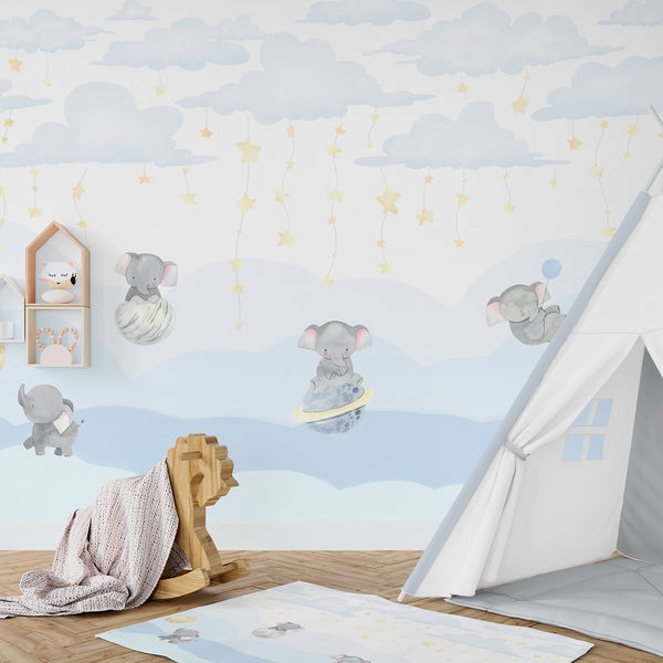 Blue Elephant Nursery Wall Mural LM009