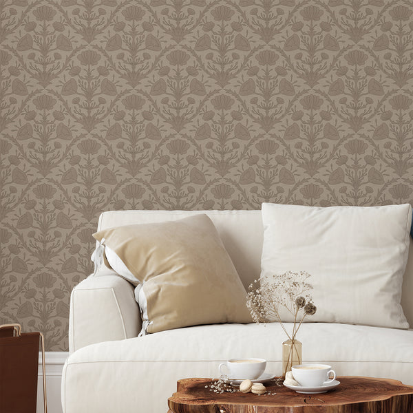 Taupe Brown Vintage Floral Wallpaper featuring stylized stems and blooms in close rows, ideal for a living room with Arts and Crafts decor. This removable and eco-friendly wallpaper offers a softly historic mood, perfect for decorators seeking a traditional, temporary decor solution.