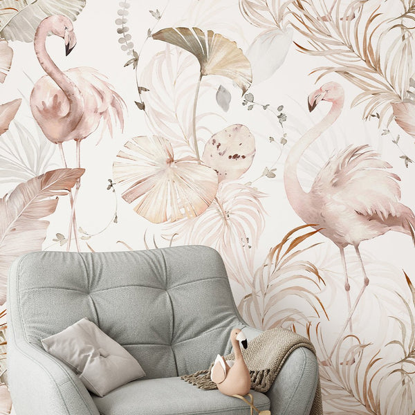Palm Leaves & Flamingos Wallpaper W006 - CostaCover - Peel and stick Removable Wallpaper - adhesive wallpaper - baby bedroom - bedroom interior