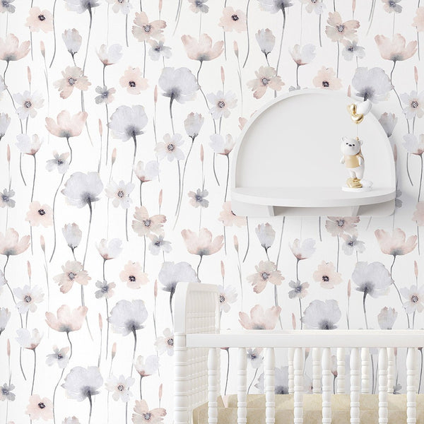 Colored Watercolor Flowers Wallpaper S078 - CostaCover - Peel and stick Removable Wallpaper - accent wallpaper - adhesive wallpaper - baby bedroom