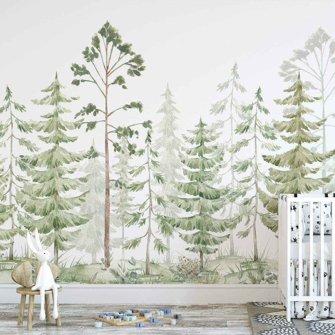 Green Watercolor Pine Trees Wall Mural WM095