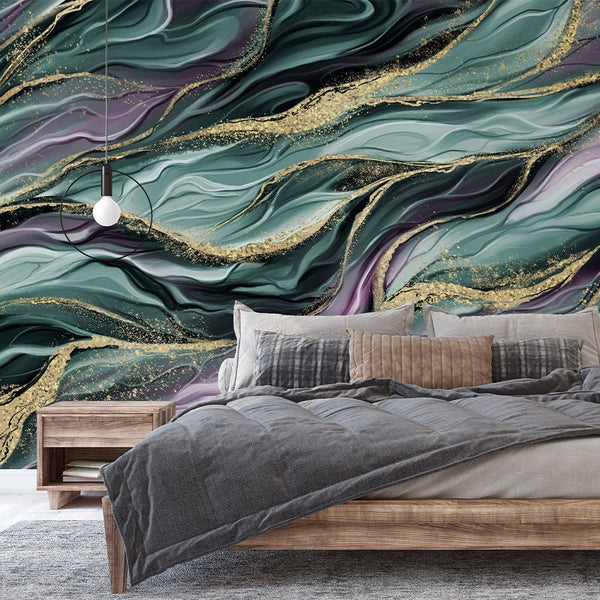 Green Purple Waves Wall Mural CCM121 - CostaCover - Peel and stick Removable Wallpaper - Abstract - abstract lines - abstract wall art