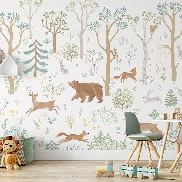 Beige Green Forest Animals Wall Mural SM014 - CostaCover - Peel and stick Removable Wallpaper - accent wallpaper - adhesive wallpaper - animal print