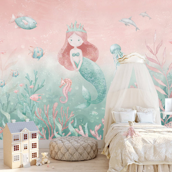 Pink Green Mermaid Wall Mural SM064 - CostaCover - Peel and stick Removable Wallpaper - accent wallpaper - adhesive wallpaper - ariel mermaid