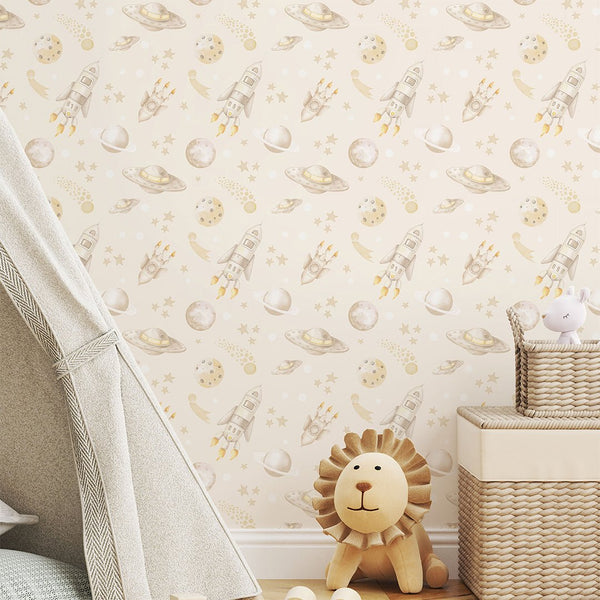 Beige Spaceships & Planets Wallpaper S121 - CostaCover-Peel and stick Removable Wallpaper-accent wallpaper-adhesive wallpaper-baby bedroom