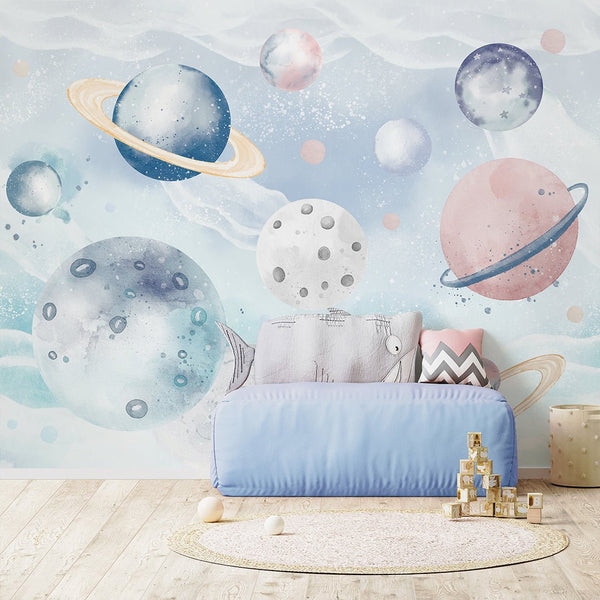 Blue Pink Planets in Space Wall Mural SM098 - CostaCover - Peel and stick Removable Wallpaper - accent wallpaper - adhesive wallpaper - baby bedroom