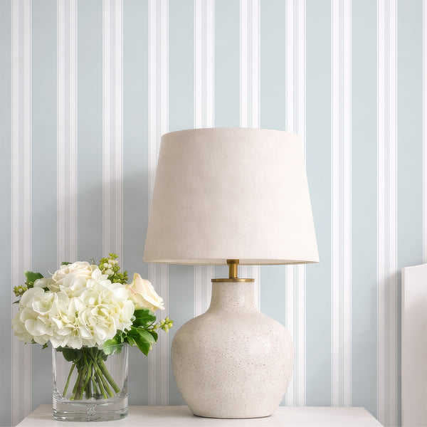 Minimalist blue wallpaper featuring a timeless vertical stripe pattern with slim pinstripe accents for a fresh living room or bedroom backdrop.