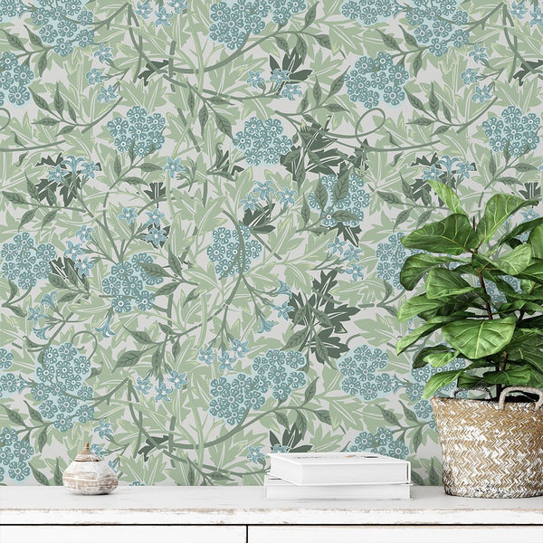 Green & Blue Jasmine by Morris Wallpaper W107 - CostaCover - Peel and stick Removable Wallpaper - abstract floral - abstract wall art - abstract wallpaper