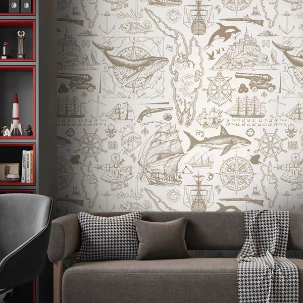 Beige Nautical Sketch Wallpaper A092