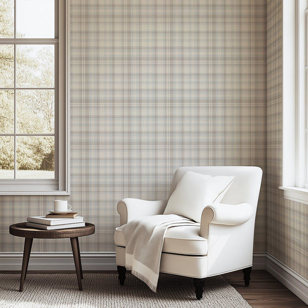 Light blue beige plaid wallpaper with a vintage tartan check pattern featuring soft blue gray, cream, and taupe stripes for a cozy cottagecore bedroom.