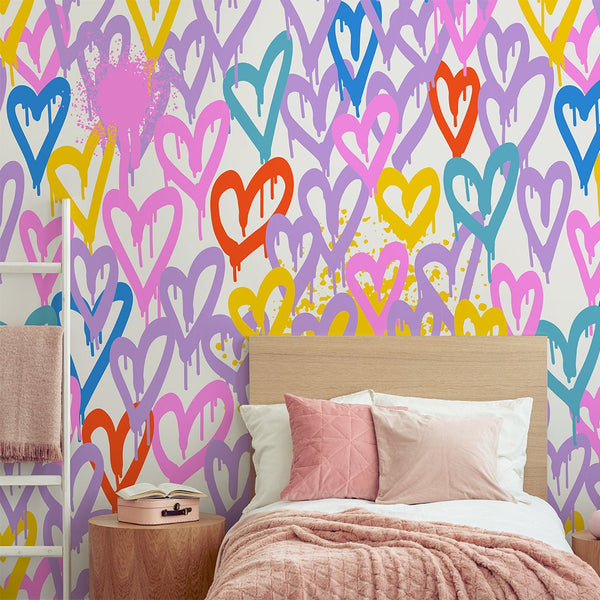 Colorful Graffiti Hearts Wall Mural WM046 - CostaCover - Peel and stick Removable Wallpaper - Abstract - abstract lines - abstract wall art