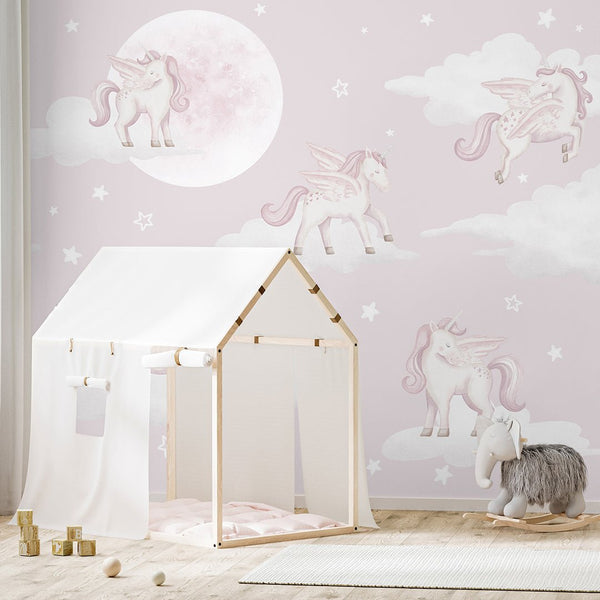 Pink Unicorns & Moon Wall Mural AM129 - CostaCover-Peel and stick Removable Wallpaper-accent wallpaper-adhesive wallpaper-baby bedroom