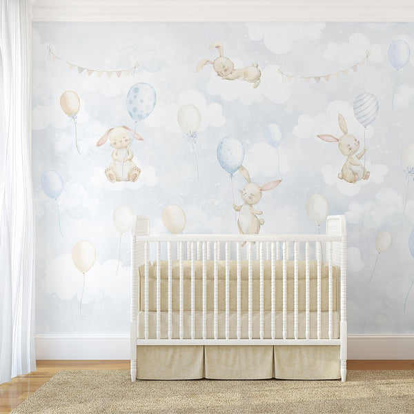 Blue Bunny & Balloons Wall Mural SM080 - CostaCover - Peel and stick Removable Wallpaper - abstract wall art - abstract wallpaper - accent wallpaper