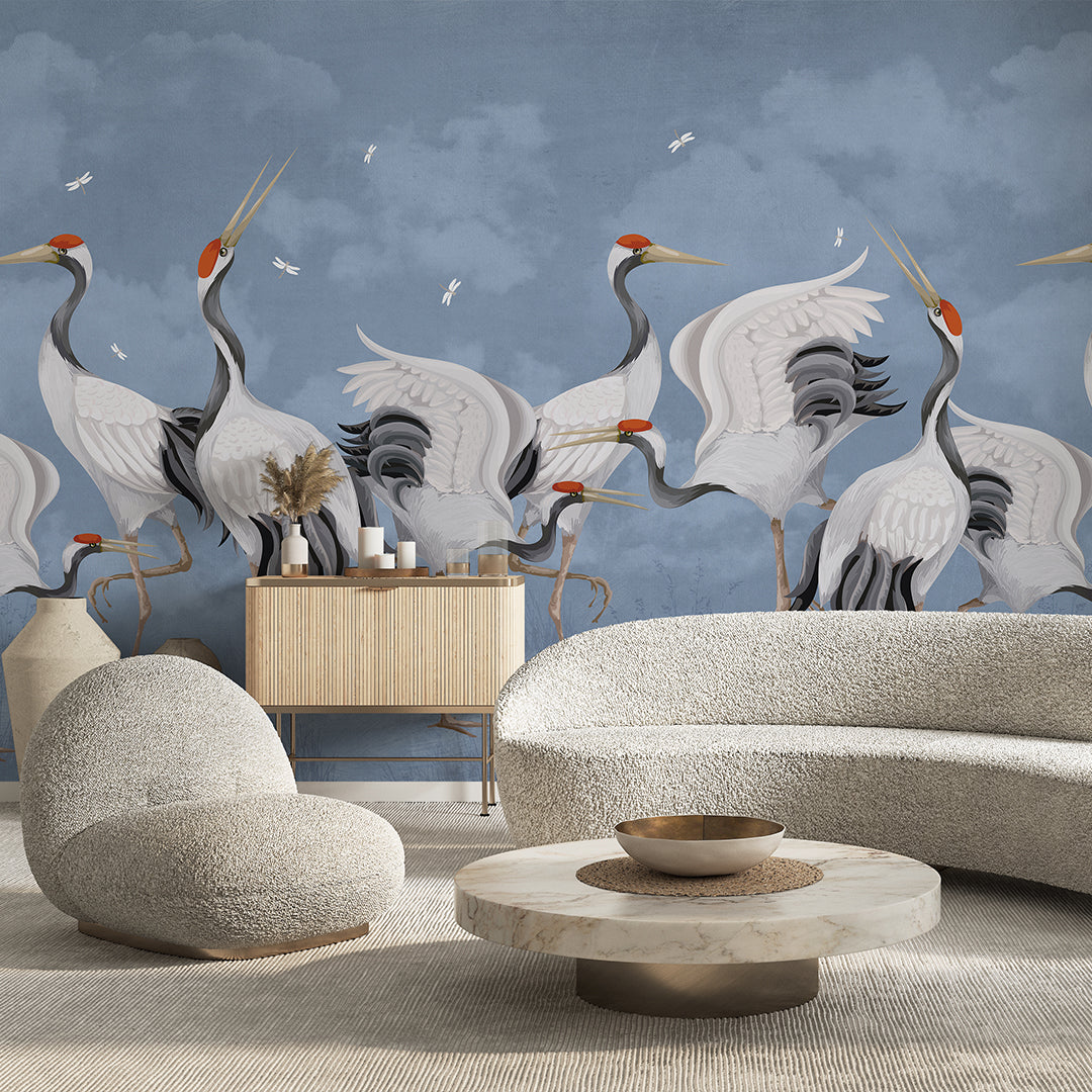 Blue Japanese Cranes Wall Mural WM111