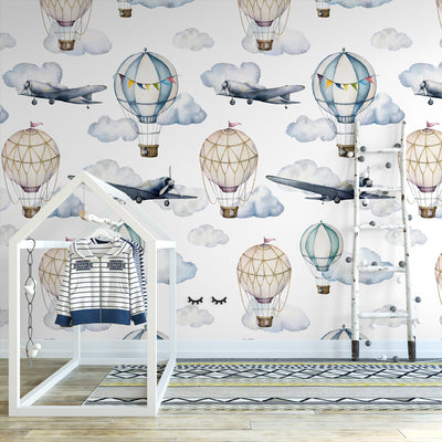 Blue Watercolor Airplanes and Air Balloons Self Adhesive Wallpaper W071