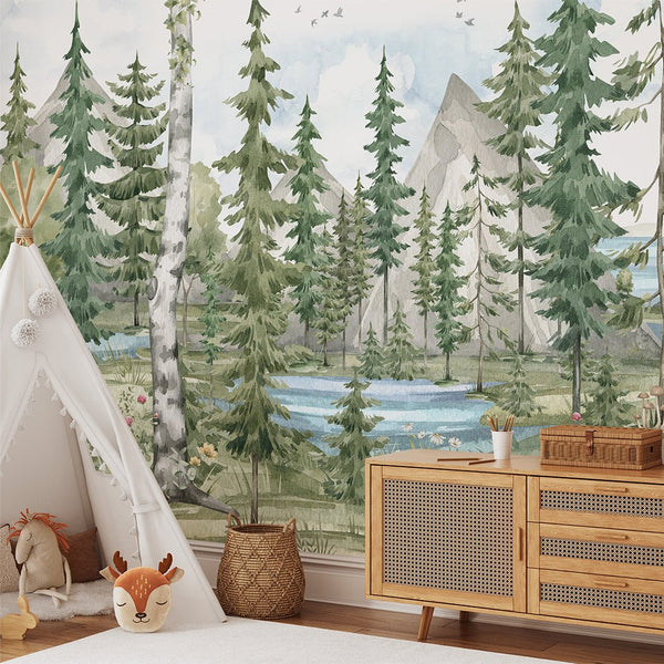 Lake, Forest & Mountains Wall Mural WM057 - CostaCover - Peel and stick Removable Wallpaper - accent wallpaper - adhesive wallpaper - baby bedroom