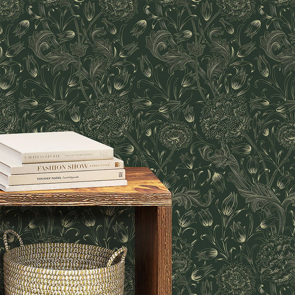 Dark Green Wild Tulip by Morris Wallpaper W113 - CostaCover - Peel and stick Removable Wallpaper - abstract floral - accent wallpaper - adhesive wallpaper