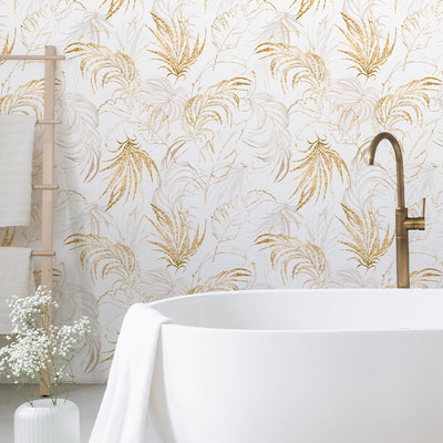 Beige & Gold Palm Leaves Wallpaper W135