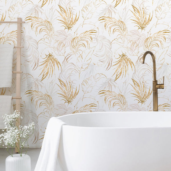 Beige & Gold Palm Leaves Wallpaper W135 - CostaCover - Peel and stick Removable Wallpaper - Abstract - Abstract Beige Gold Stripes Waves Removable Wallpaper - Abstract Beige Gold Stripes Waves Removable Wallpaper near me