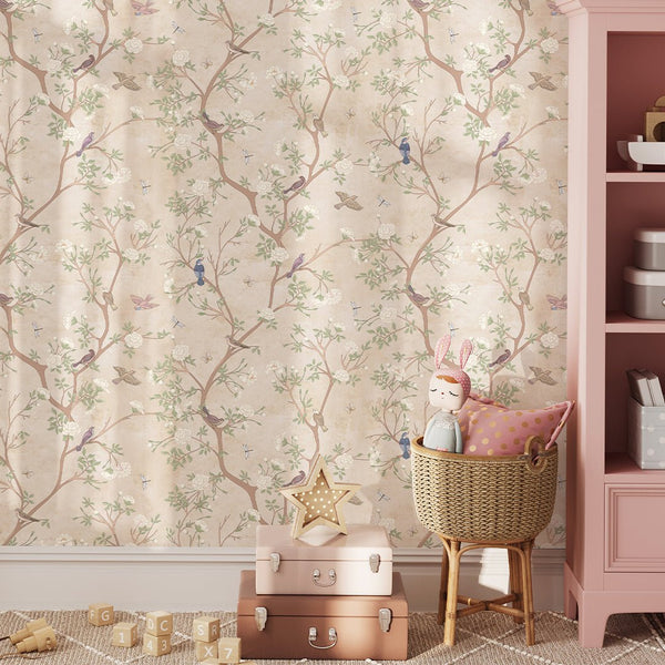 Beige Blossom Trees & Birds Wallpaper W054 - CostaCover - Peel and stick Removable Wallpaper - abstract wallpaper - accent wallpaper - adhesive wallpaper