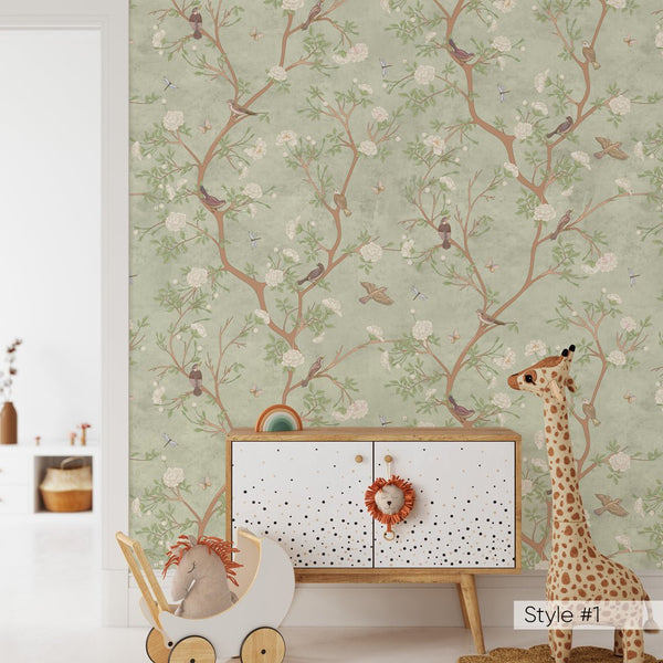 Green Blossom Trees & Birds Wallpaper W056 - CostaCover - Peel and stick Removable Wallpaper - abstract wallpaper - adhesive wallpaper - baby bedroom