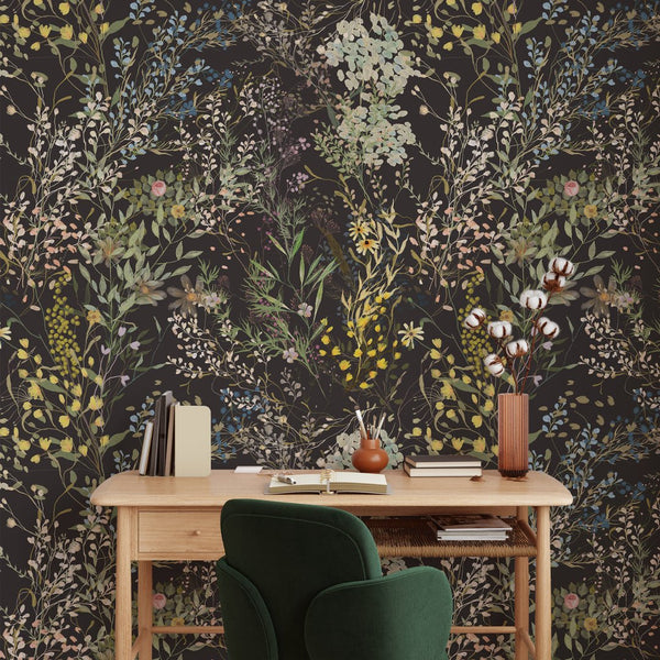Dark Wildflowers Wallpaper W053 - CostaCover - Peel and stick Removable Wallpaper - adhesive wallpaper - bathroom wallpaper - bedroom interior
