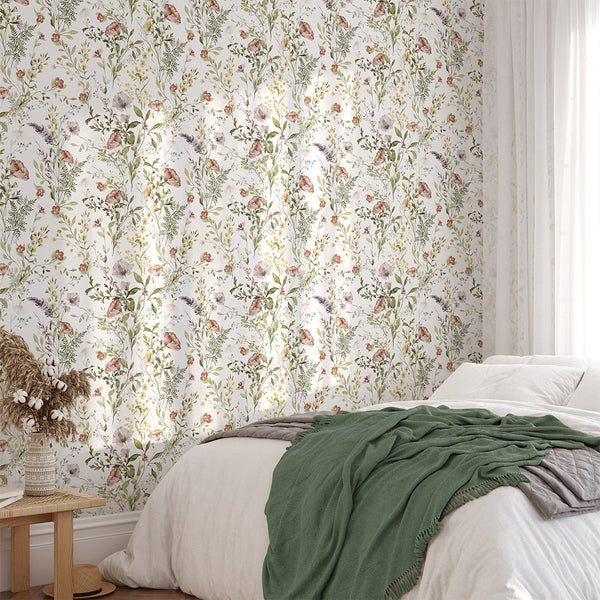 Red Yellow Wildflowers Wallpaper W065 - CostaCover - Peel and stick Removable Wallpaper - abstract wallpaper - accent wallpaper - adhesive wallpaper