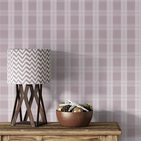 Dusty mauve plaid wallpaper with soft ivory checks and fine intersecting lines, creating a timeless pattern for bedrooms, nurseries, and living rooms.
