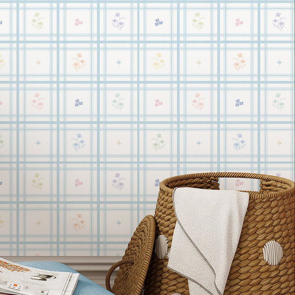 Blue Plaid Floral Wallpaper L148