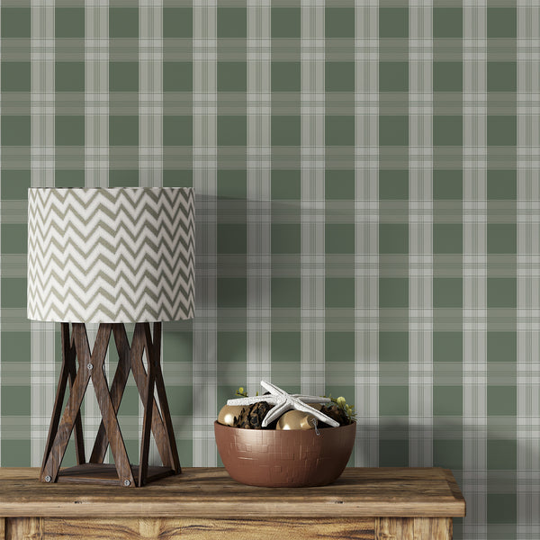 Dark green plaid wallpaper with muted sage checks and fine intersecting lines, creating a classic pattern for bedrooms, living rooms, and home offices.