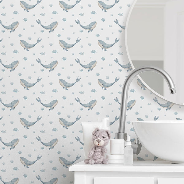 Blue Tiny Whales Wallpaper S085 - CostaCover - Peel and stick Removable Wallpaper - accent wallpaper - adhesive wallpaper - baby bedroom