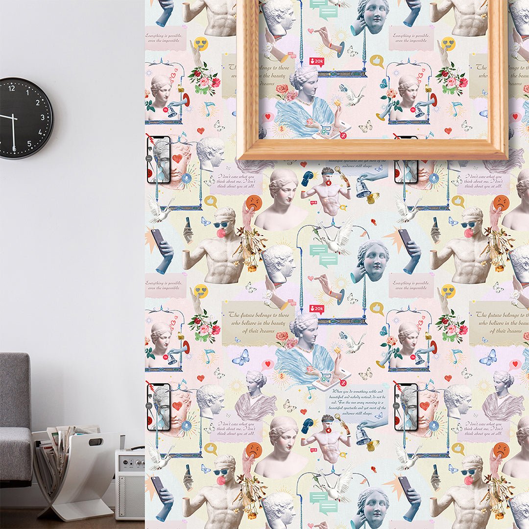 Motivation Quotes with Greek Statues Wallpaper featuring graphic collage art