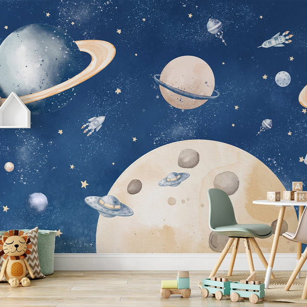 Blue Beige Planets in Space Wall Mural SM092 - CostaCover-Peel and stick Removable Wallpaper-abstract wall art-abstract wallpaper-accent wallpaper