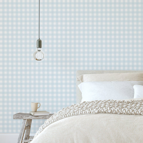 Light blue plaid wallpaper featuring a soft gingham check pattern with fine striped details on a bright white background for farmhouse interiors.