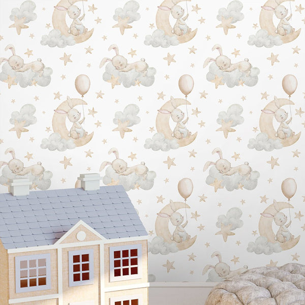 Cute Bunnies on Clouds Wallpaper S108 - CostaCover - Peel and stick Removable Wallpaper - accent wallpaper - adhesive wallpaper - animal print
