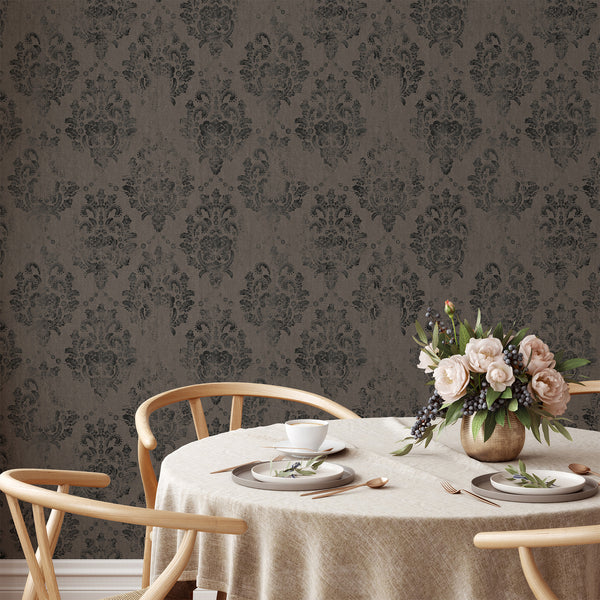 Self-adhesive wallpaper with dark taupe damask, enhancing a room with vintage drama and a subtle plaster-like texture.