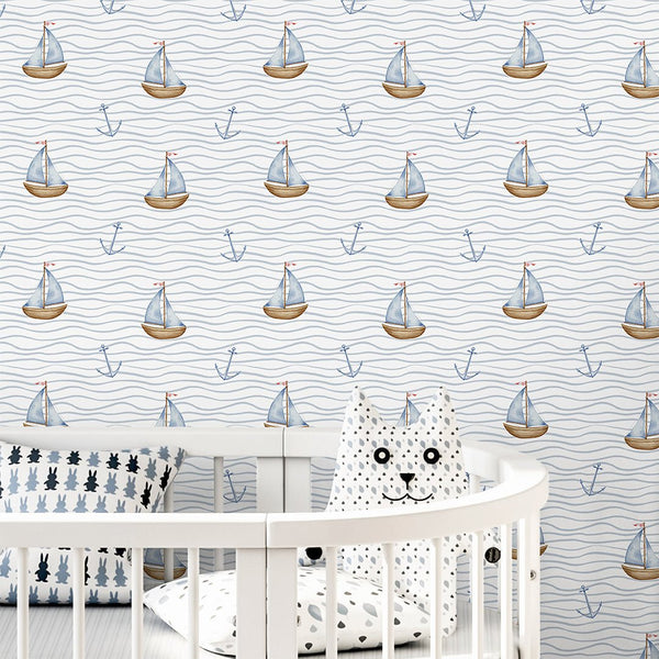 Tiny Sailboat & Wave Wallpaper A061 - CostaCover-Peel and stick Removable Wallpaper-abstract wall art-accent wallpaper-adhesive wallpaper