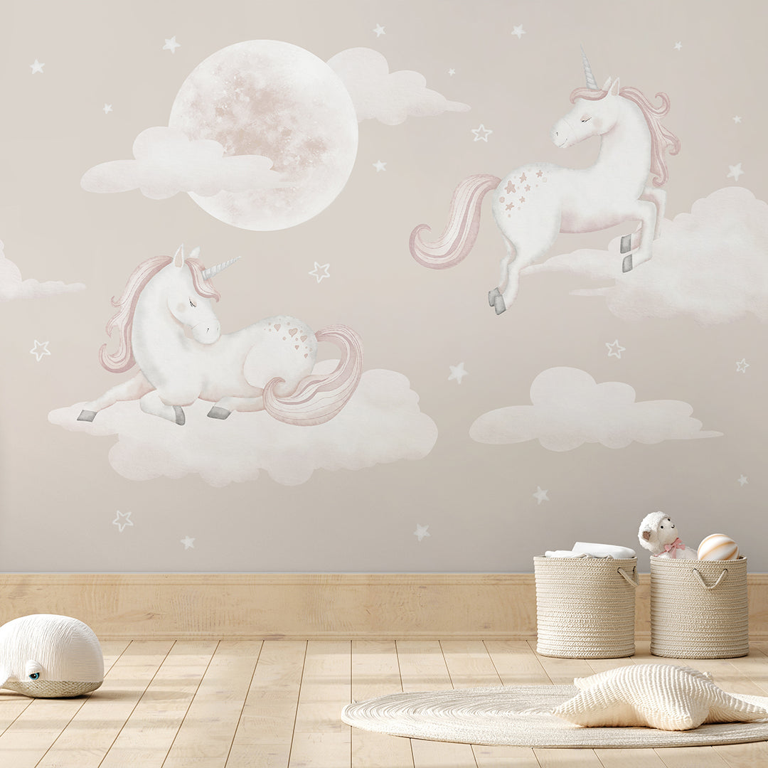 Beige Unicorns & Moon Wall Mural AM128