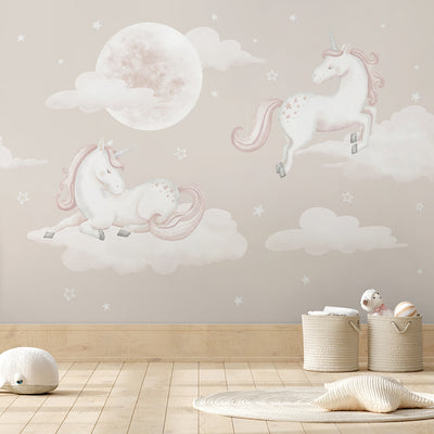Beige Unicorns & Moon Wall Mural AM128