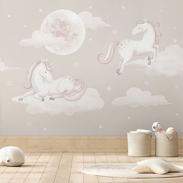 Beige Unicorns & Moon Wall Mural AM128 - CostaCover-Peel and stick Removable Wallpaper-accent wallpaper-adhesive wallpaper-baby bedroom