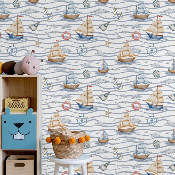 Sailboats & Waves Wallpaper A062 - CostaCover-Peel and stick Removable Wallpaper-abstract wall art-abstract wallpaper-accent wallpaper