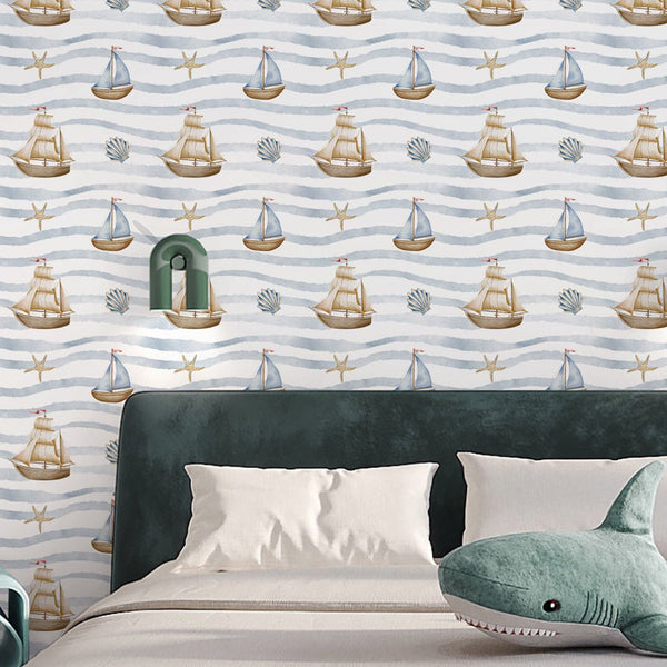 Pastel Sailboats & Waves Wallpaper A063 - CostaCover-Peel and stick Removable Wallpaper-abstract wall art-abstract wallpaper-accent wallpaper