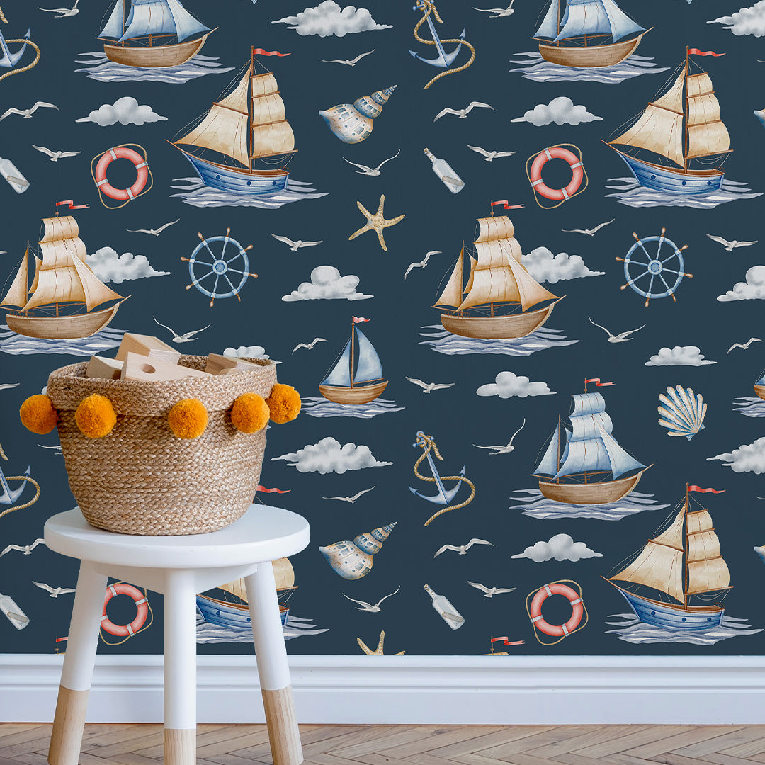 Dark Blue Sailboats Wallpaper A064