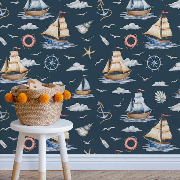 Dark Blue Sailboats Wallpaper A064 - CostaCover-Peel and stick Removable Wallpaper-abstract wall art-accent wallpaper-adhesive wallpaper