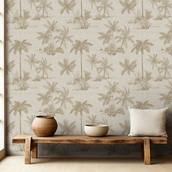Beige Tropical Palm Toile Wallpaper A125