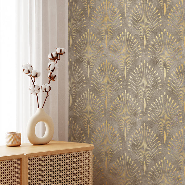 Close-up of luxurious Art Deco wallpaper showcasing precise gold accents and a warm beige backdrop, perfect for an elegant bedroom or dining area.