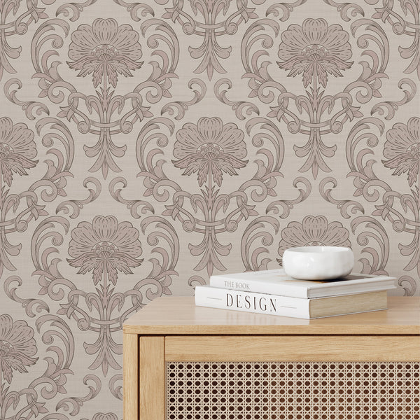 Beige floral damask wallpaper with large medallions and curling scrolls, perfect for adding vintage elegance to dining rooms. The warm taupe-beige and dusty rose accents create a romantic accent wall for French country interiors.