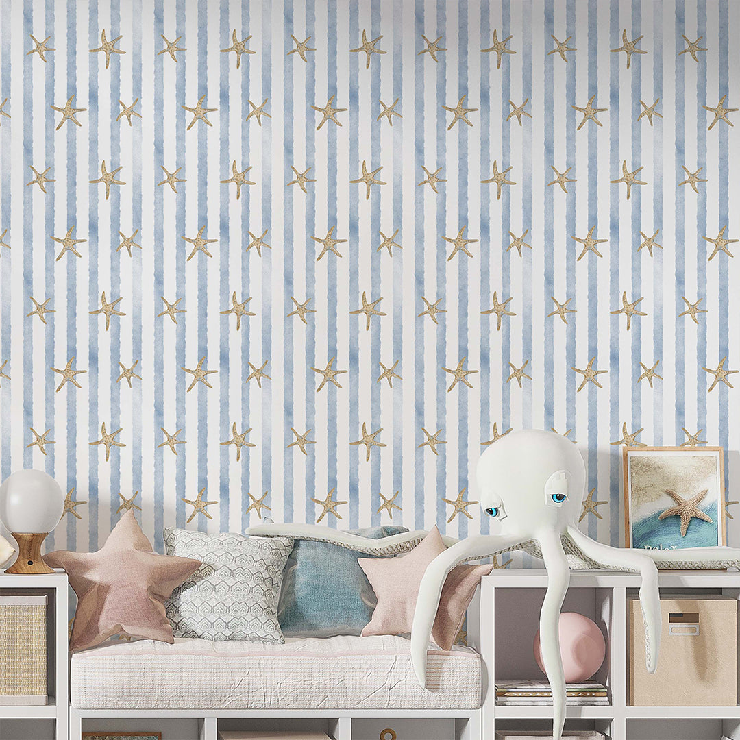 Blue Stripes & Starfish Wallpaper A068