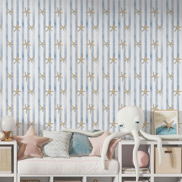 Blue Stripes & Starfish Wallpaper A068 - CostaCover-Peel and stick Removable Wallpaper-abstract wallpaper-accent wallpaper-adhesive wallpaper