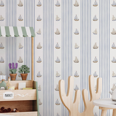 Blue Stripes & Sailboats Wallpaper A069